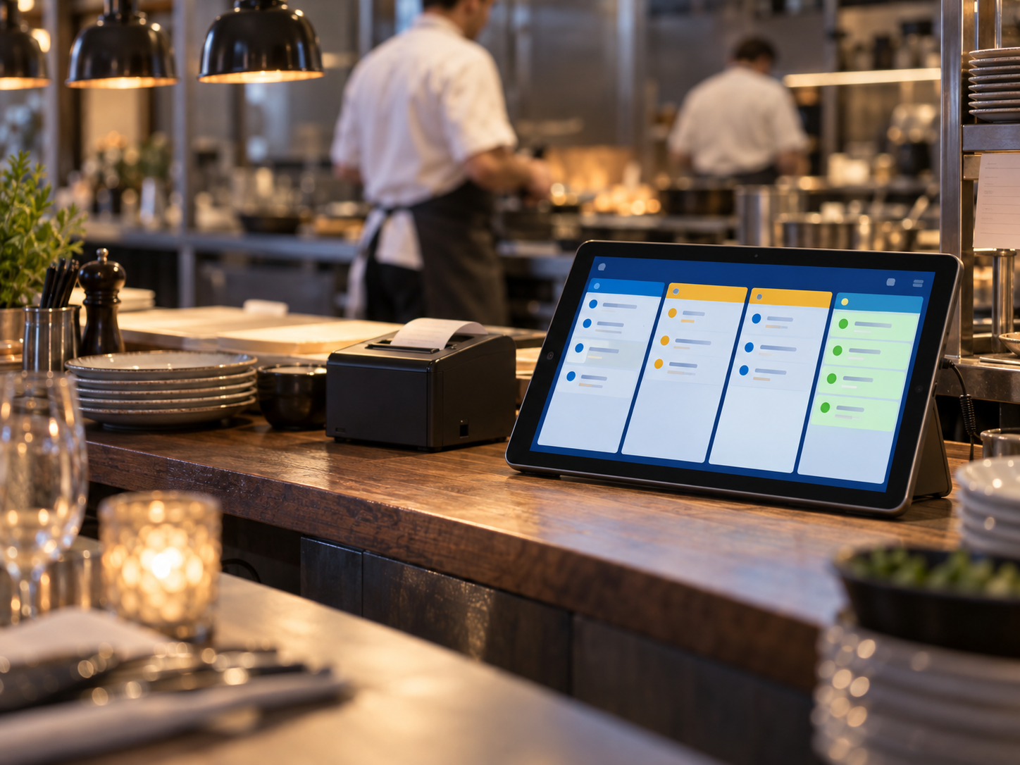 Tablette de gestion des commandes dans une brasserie, reliée à une imprimante de tickets