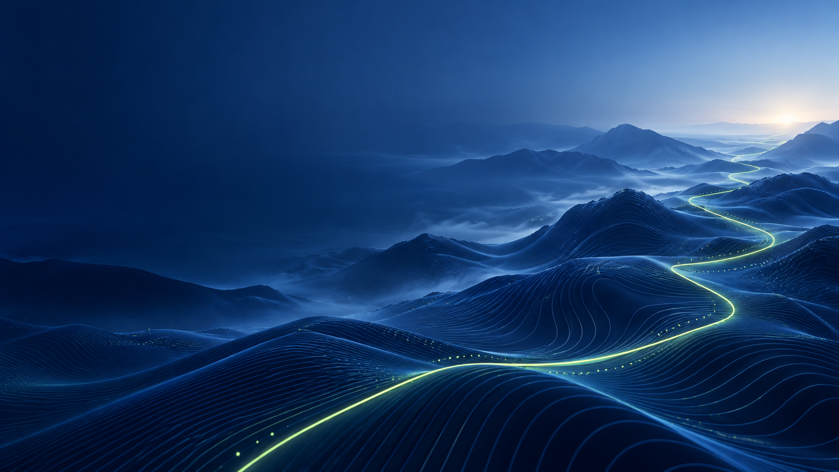 Relief abstrait bleu représentant des systèmes interconnectés et une trajectoire claire
